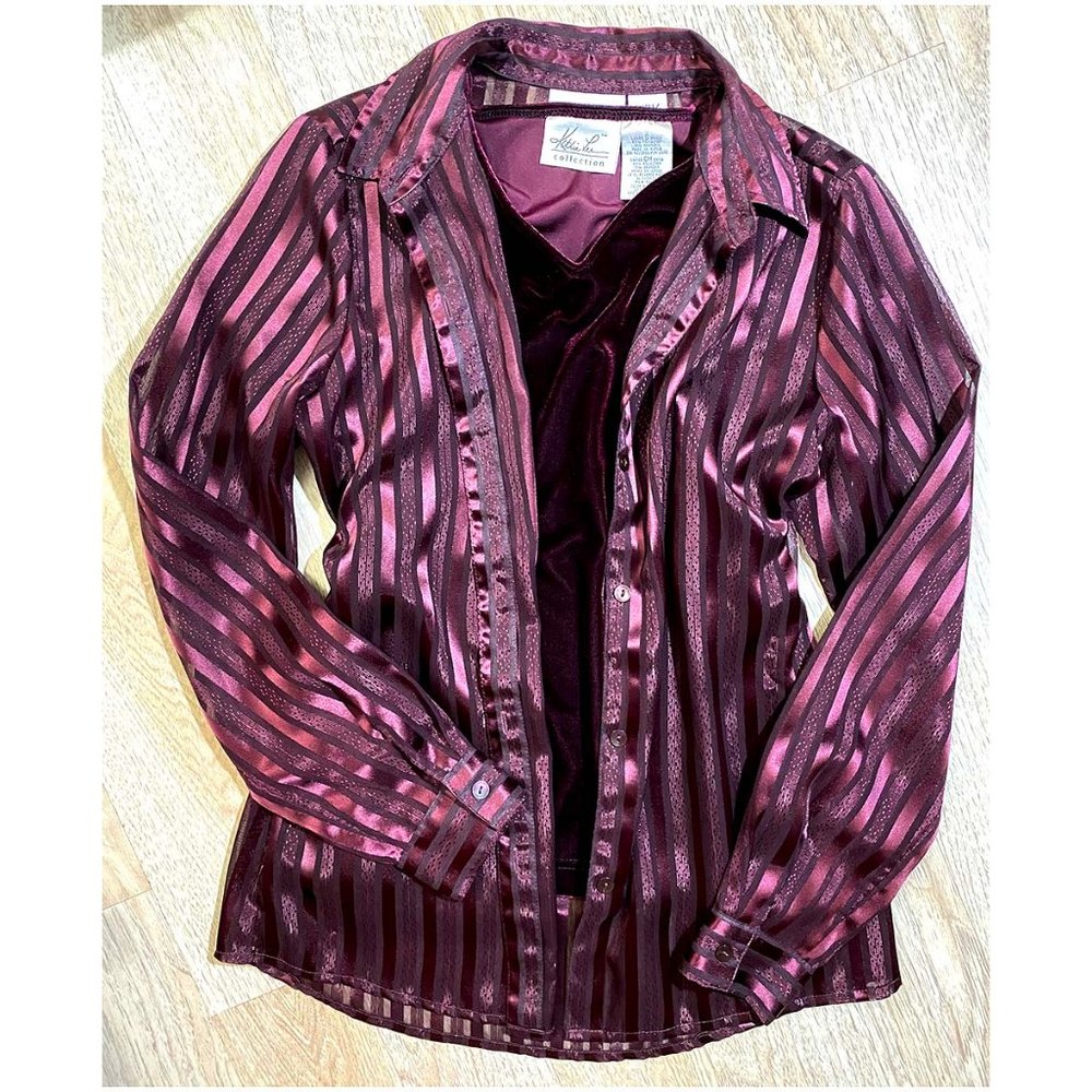 Shimmer Semi Sheer Button Down Shirt NEW Burgundy